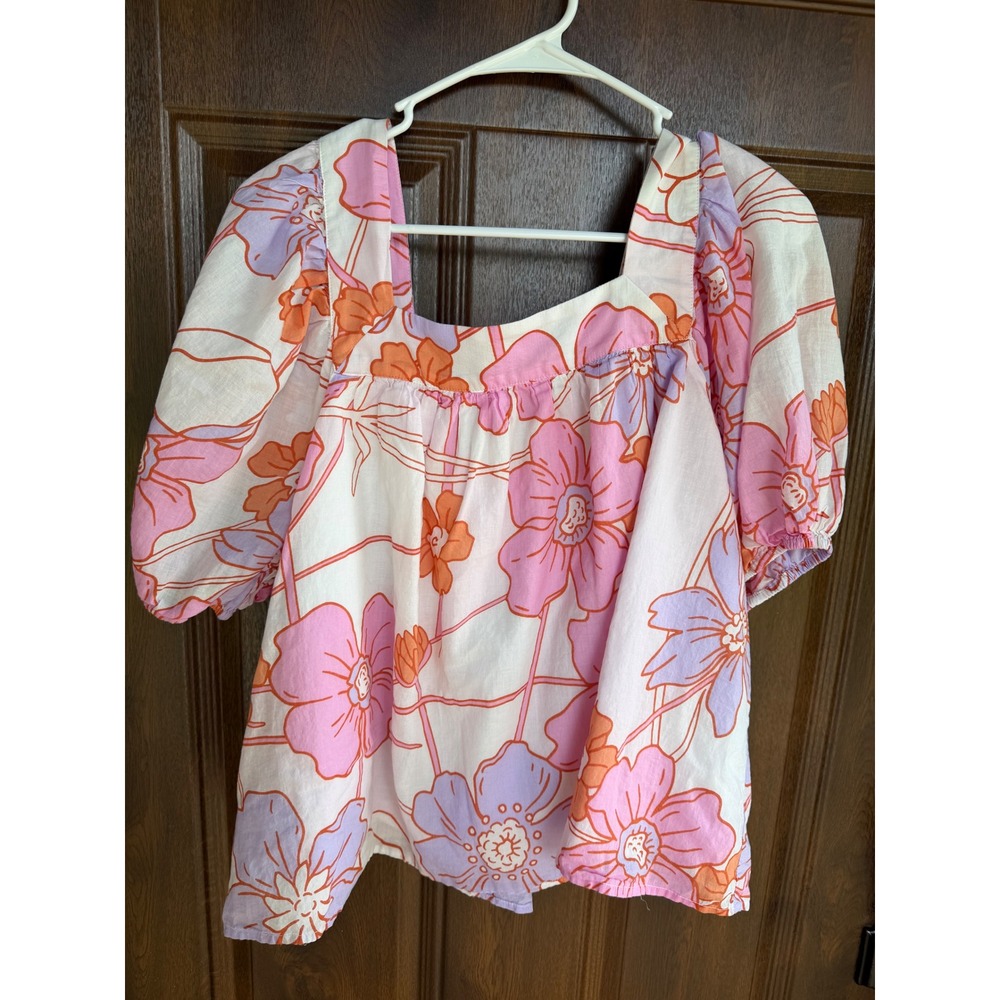 J.Marie Tropical Bouncy Floral Square Neck Puff Sleeve Blouse L